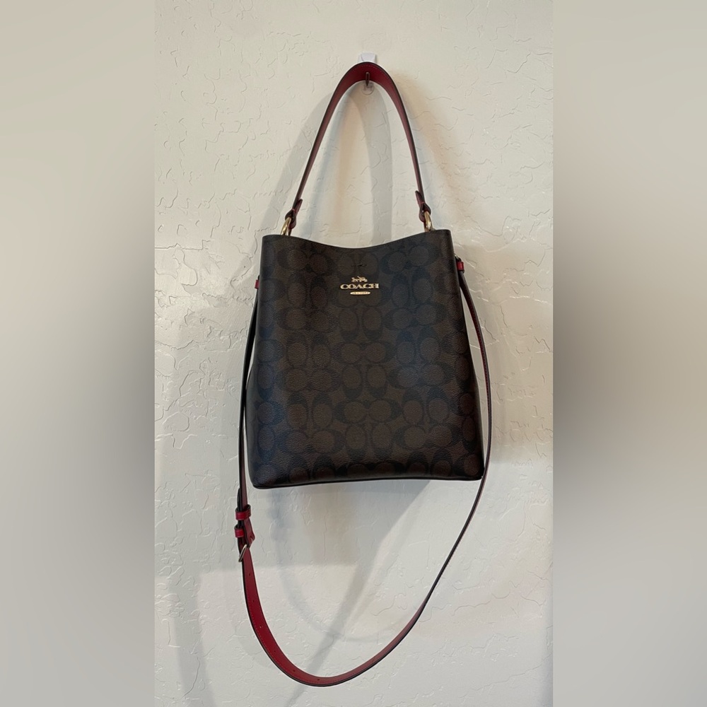 Coach Brown Signature Canvas Bucket Bag with Red Trim